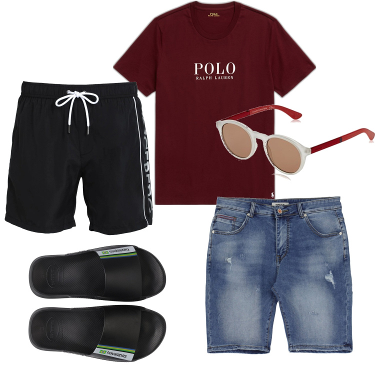 Outfit uomo - Occhiali TH. Stile Casual per Mare. Abbinamento con costumi, bermuda, t-shirt, occhiali da sole, sandali.