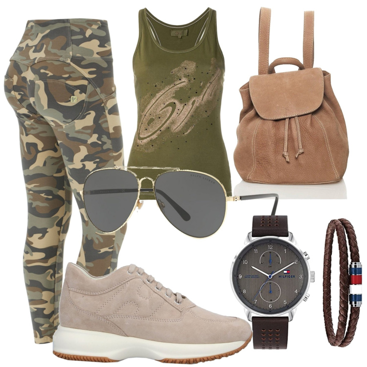Outfit donna - Escursioni tra i boschi. Stile Military per Sport. Abbinamento con sneakers, zaini, top, pantaloni skinny, occhiali da sole, orologi.
