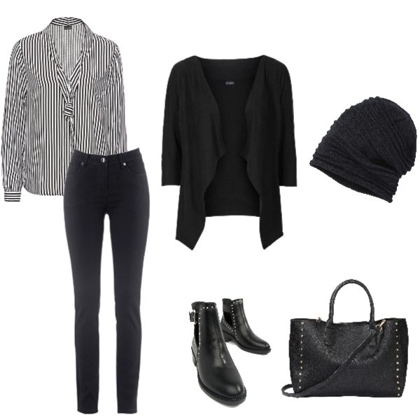 Outfit donna - The new black. Stile Rock per Tutti i giorni. Abbinamento con jeans dritti, giacchina forma asimmetrica effetto scamosciato in pelle sintetica, bluse, shopping bag con borchie, berretto con arricciature tinta unita nero, stivali.