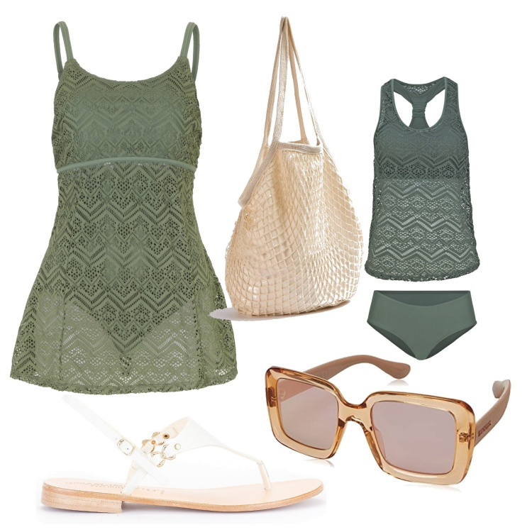 Outfit donna - In spiaggia. Stile Sporty chic per Mare. Abbinamento con costumi interi, vestiti da spiaggia, borse a spalla, infradito, occhiali da sole.