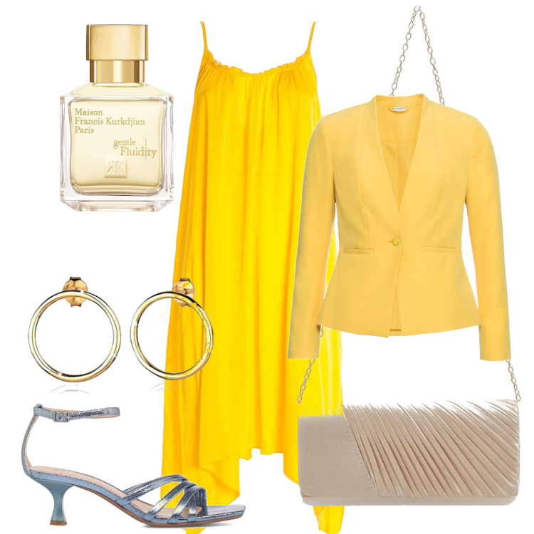 Outfit donna - Il tacco a rocchetto. Stile Chic per Cerimonia. Abbinamento con blazer, vestiti asimmetrici, sandali in pelle, pochette, orecchini, profumi.