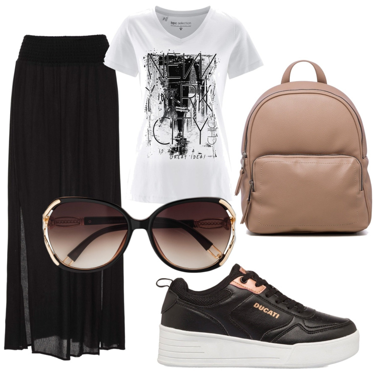 Outfit donna - La mia t-shirt bianca. Stile Casual chic per Scuola/Università. Abbinamento con gonne lunghe, occhiali da sole, t-shirt, sneakers, zaini.