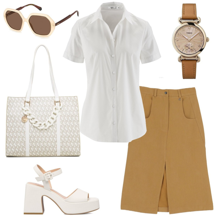 Outfit donna - Ufficio basic. Stile Basic per Ufficio. Abbinamento con camicie a manica corta, gonne longuette, borse a spalla, sandali in pelle, orologi, occhiali da sole.