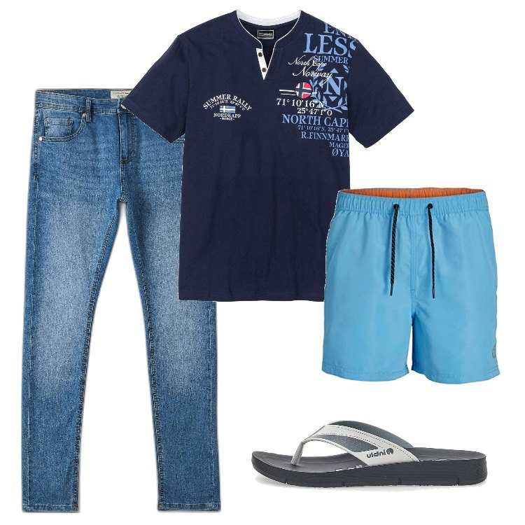 Outfit uomo - Piscina o mare le mie ciabatte preferite. Stile Trendy per Mare. Abbinamento con t-shirt, jeans skinny, sandali, costumi.