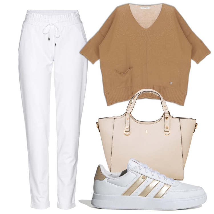 Outfit donna - Curvy sport. Stile Sporty chic per Tutti i giorni. Abbinamento con pantaloni, maglieria, sneakers, borse a mano.