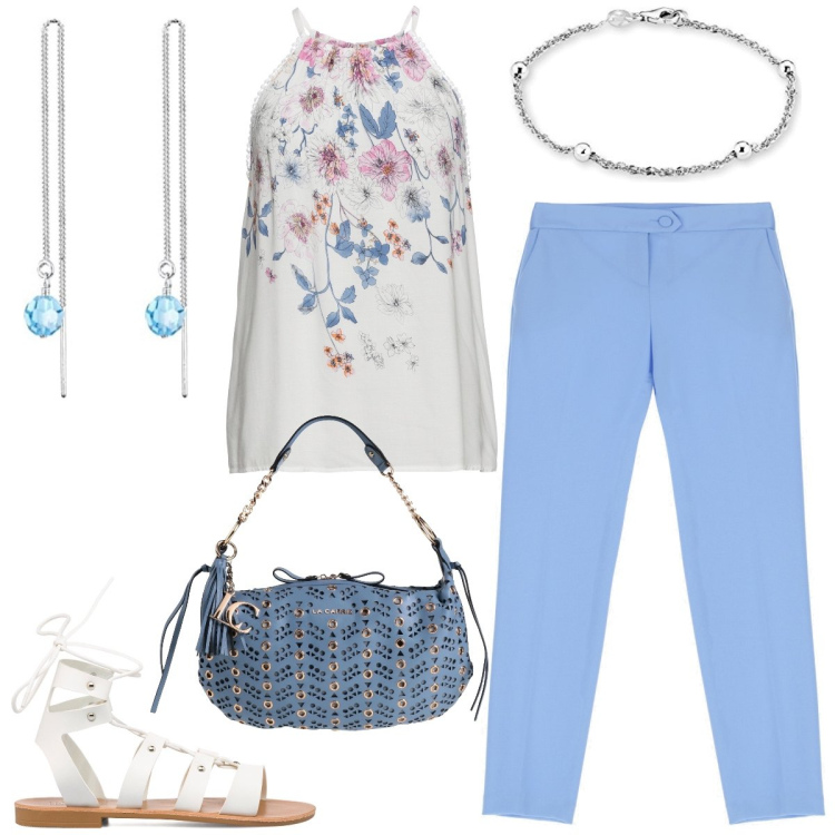 Outfit donna - Passeggiata. Stile Casual chic per Tutti i giorni. Abbinamento con top, borse a spalla, pantaloni, sandali alla schiava, braccialetti, orecchini.