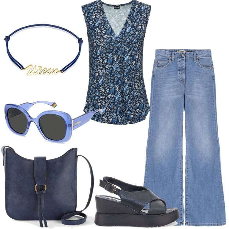 Outfit donna - In giro. Stile Casual per Tutti i giorni. Abbinamento con top, borse a tracolla, jeans, sandali, occhiali da sole, braccialetti.