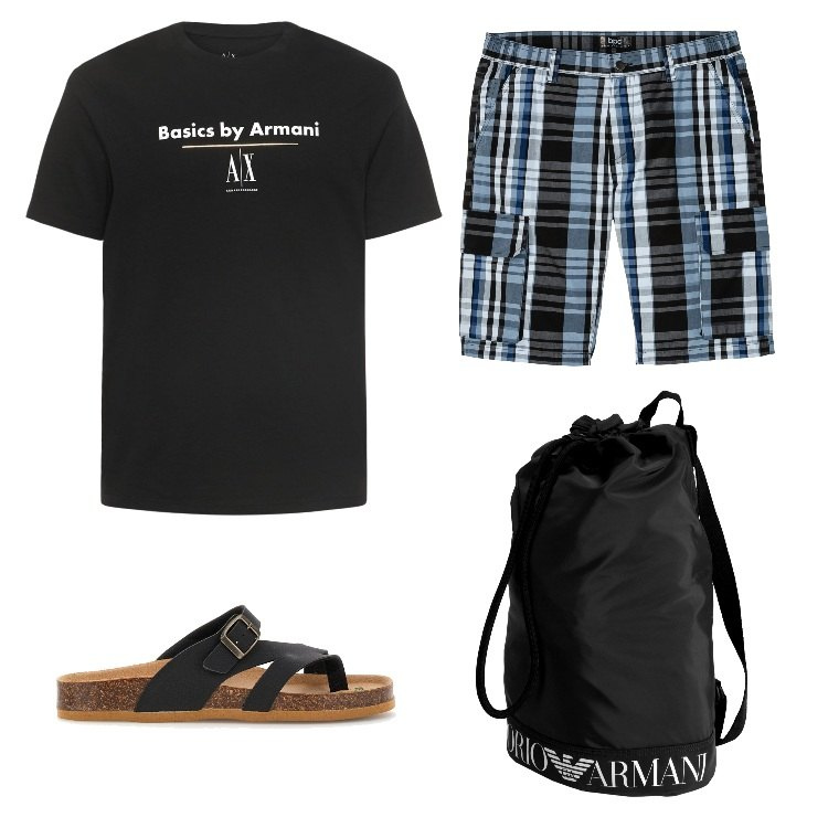 Outfit uomo - Total look #1689193. Stile Trendy per Mare. Abbinamento con bermuda, borse sportive, t-shirt, sandali.