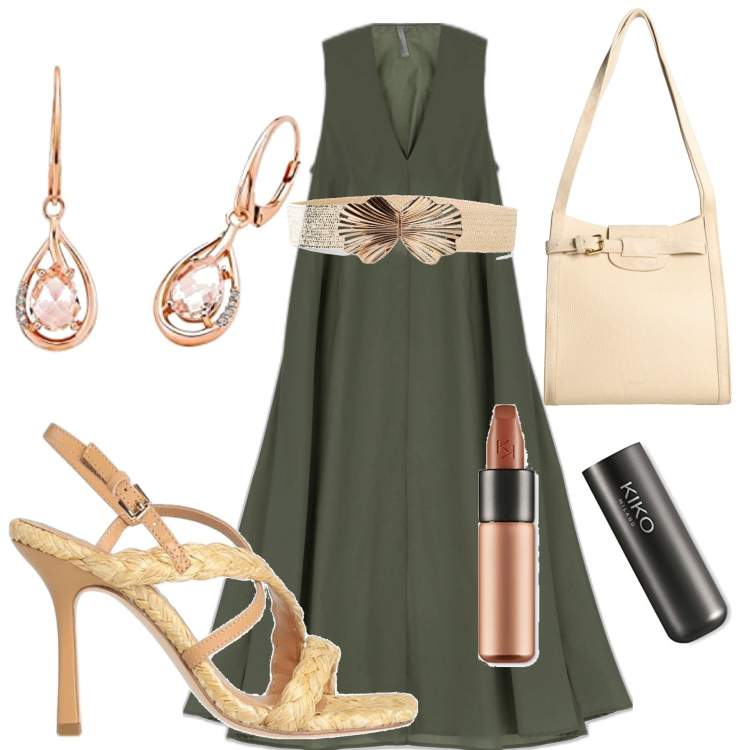 Outfit donna - Serata in verde. Stile Casual chic per Serata fuori. Abbinamento con cinture, sandali in pelle, borse a spalla, vestiti lunghi, rossetti, orecchini.