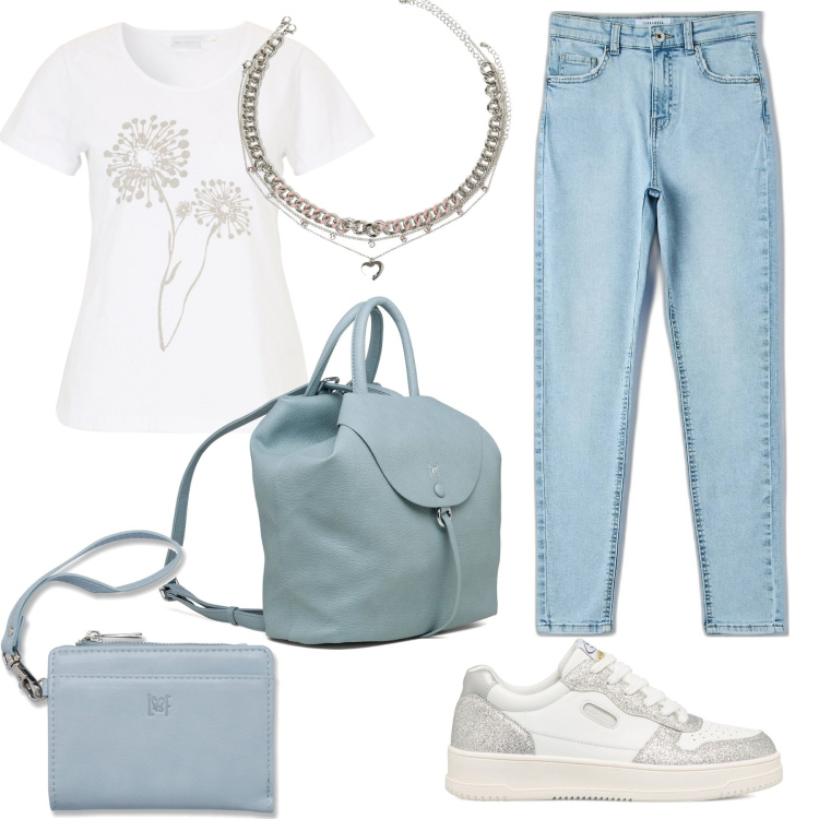 Outfit donna - Semplicità. Stile Casual per Tutti i giorni. Abbinamento con t-shirt, jeans skinny, ciondoli, sneakers, portafogli, zaini.