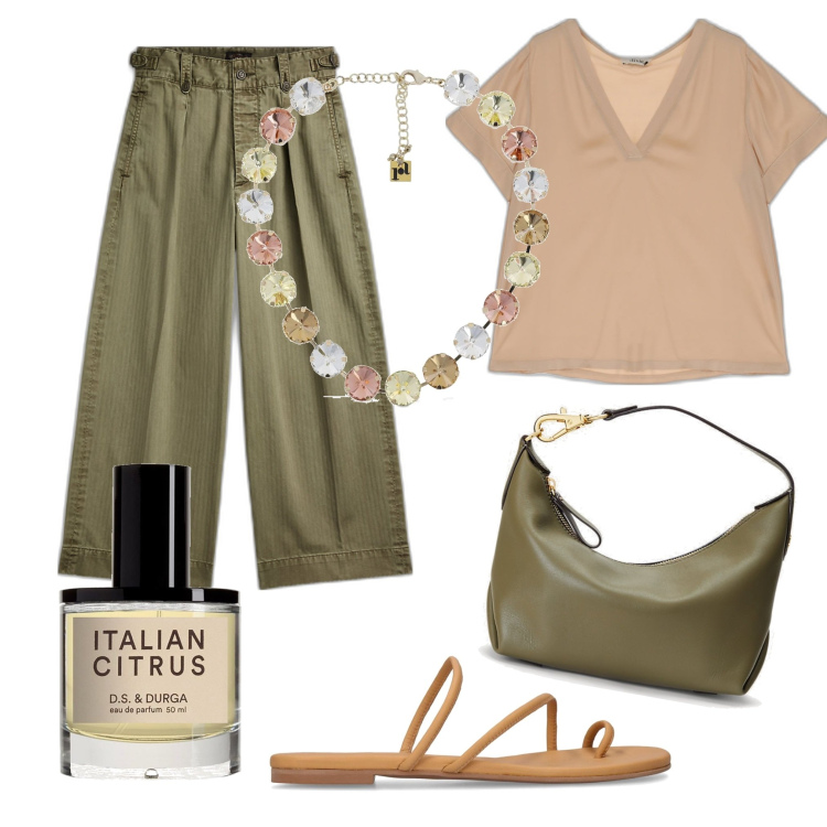 Outfit donna - Rosantica. Stile Urban per Tutti i giorni. Abbinamento con pantaloni, borse a spalla, t-shirt, profumi, collane, sandali in pelle.
