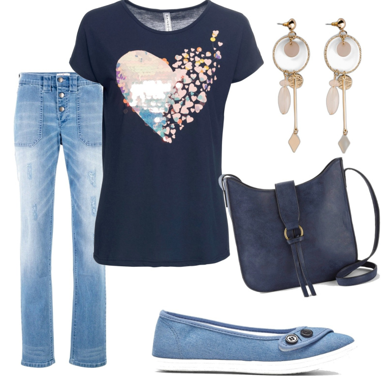 Outfit donna - Heart fading. Stile Casual chic per Scuola/Università. Abbinamento con jeans boyfriend, orecchini, ballerine, t-shirt, borse a tracolla.