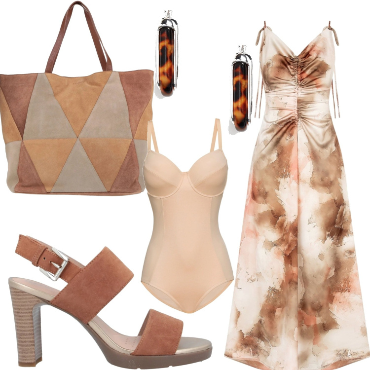 Outfit donna - Sere d\'estate. Stile Etnico per Serata fuori. Abbinamento con body, borse a mano, sandali in pelle, vestiti midi/longuette, orecchini.