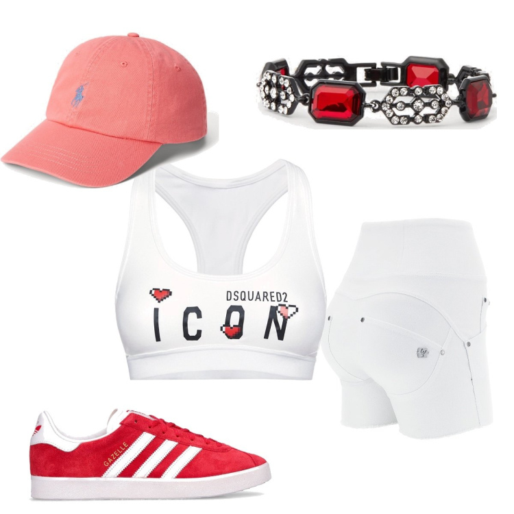 Outfit donna - Total look #1689410. Stile Sporty chic per Sport. Abbinamento con shorts, cappelli, braccialetti, top, sneakers.