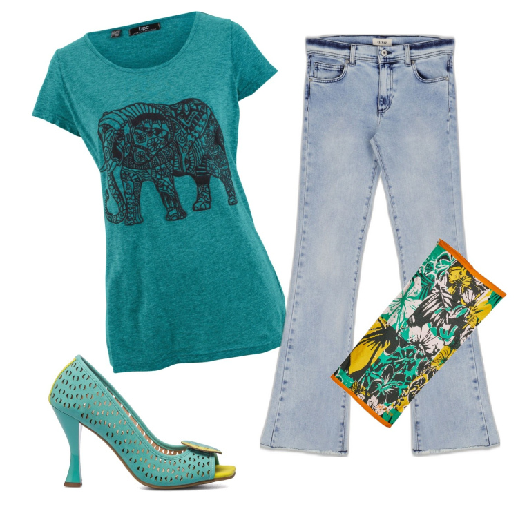 Outfit donna - Tacchi e jeans. Stile Casual chic per Tutti i giorni. Abbinamento con t-shirt, jeans, décolleté, borse a secchiello.