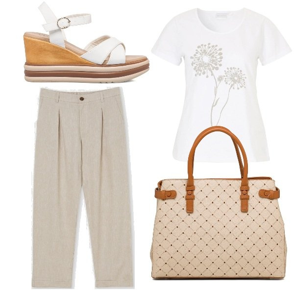 Outfit donna - Ufficio. Stile Minimal per Ufficio. Abbinamento con t-shirt, pantaloni capri, sandali in pelle, borse a mano.
