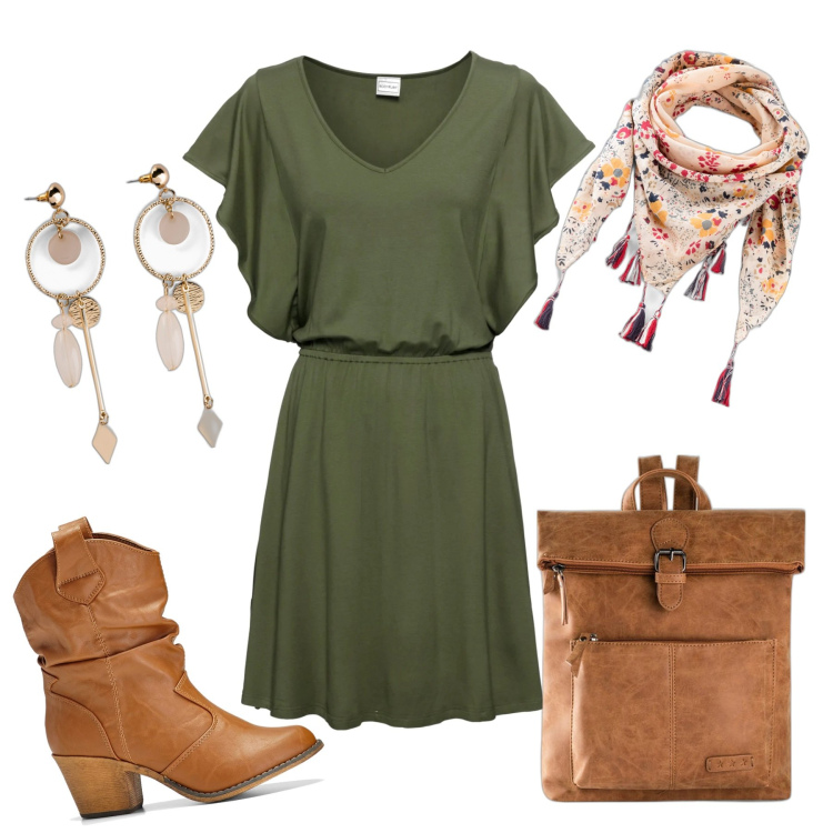 Outfit donna - Rientro in città. Stile Casual per Ufficio. Abbinamento con zaini, stivaletti texani, orecchini, vestiti, foulard.