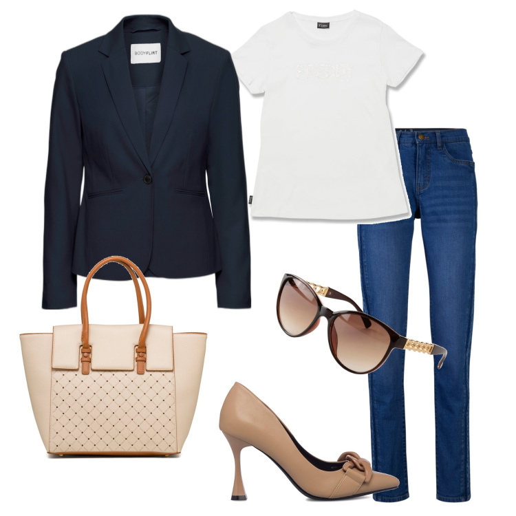 Outfit donna - Outfit da tutti i giorni. Stile Basic per Tutti i giorni. look ideale per Tall. Abbinamento con blazer, jeans slim fit, occhiali da sole, décolleté, t-shirt, borse a mano.