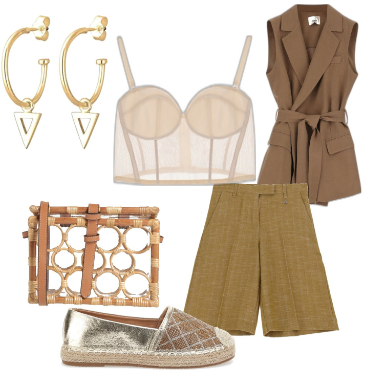 Outfit donna - Outfit boho chic. Stile Casual chic per Tutti i giorni. Abbinamento con borse a tracolla, top, bermuda, gilet, orecchini, espadrillas.