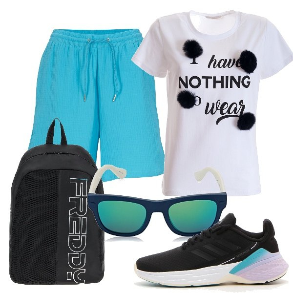 Outfit donna - sportiva...mente. Stile Sporty chic per Tutti i giorni. Abbinamento con shorts, t-shirt, zaini, sneakers, occhiali da sole.