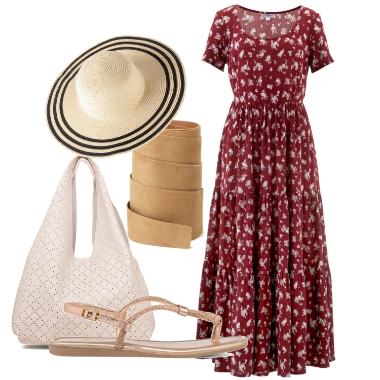 Outfit donna - In agriturismo. Stile Romantica per Tutti i giorni. Abbinamento con vestiti lunghi, cappelli, cinture, borse a spalla, infradito.