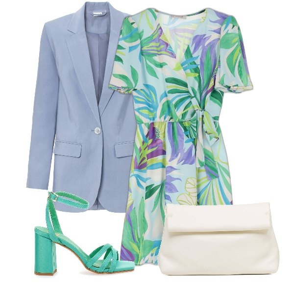 Outfit donna - Mi sento un giardino in fiore. Stile Romantica per Cerimonia. Abbinamento con blazer, vestiti corti, borse a tracolla, sandali col tacco.