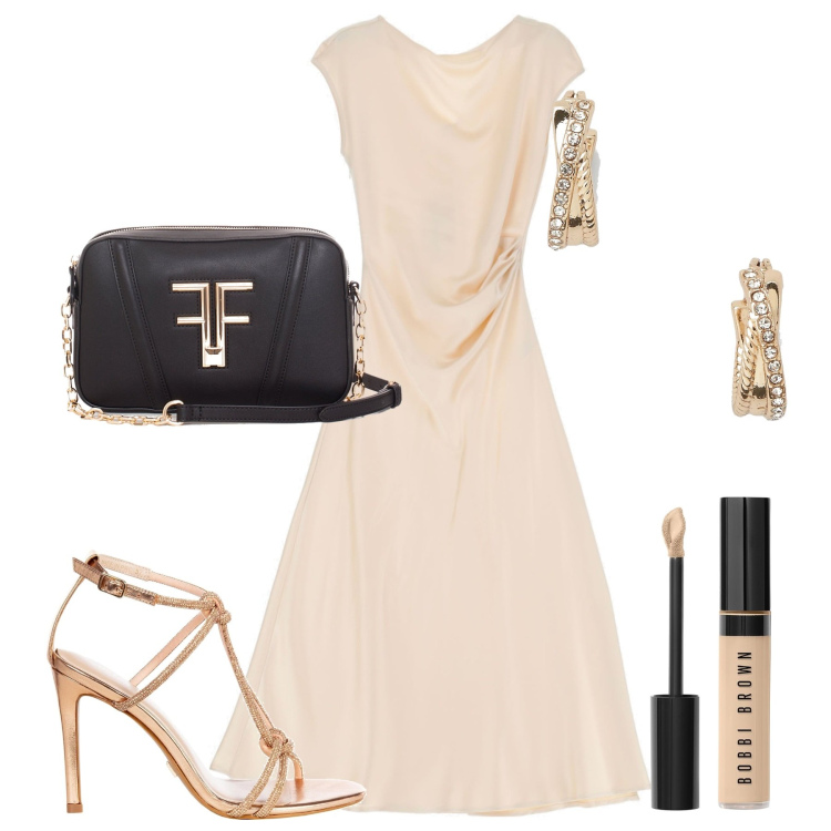 Outfit donna - Serata. Stile Chic per Serata fuori. Abbinamento con sandali gioiello, pochette, vestiti midi/longuette, orecchini, correttori.