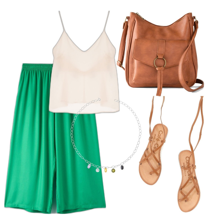 Outfit donna - Giornata estiva. Stile Basic per Tutti i giorni. Abbinamento con borse a tracolla, pantaloni a palazzo, canottiere, collane, sandali alla schiava.