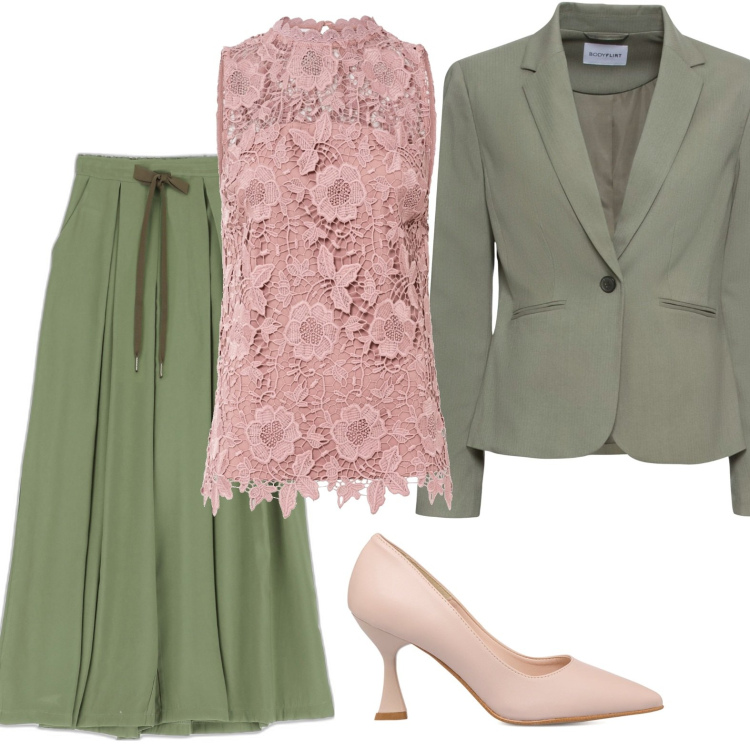 Outfit donna - Pink & green. Stile Bon Ton per Ufficio. Abbinamento con blazer, top, décolleté, pantaloni a palazzo.