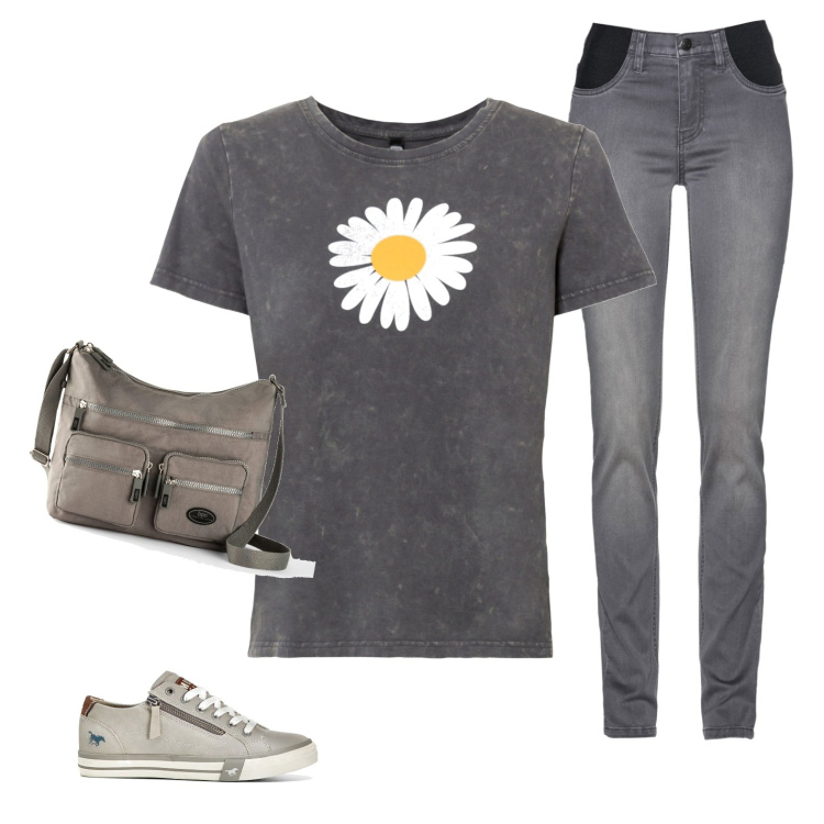 Outfit donna - Daisy. Stile Casual per Scuola/Università. Abbinamento con jeans, t-shirt, borse a tracolla, sneakers.