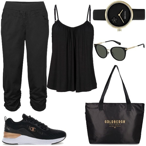 Outfit donna - Commissioni Veloci!. Stile Basic per Tutti i giorni. Abbinamento con pantaloni, top, sneakers, shopping bag, occhiali da sole, orologi.