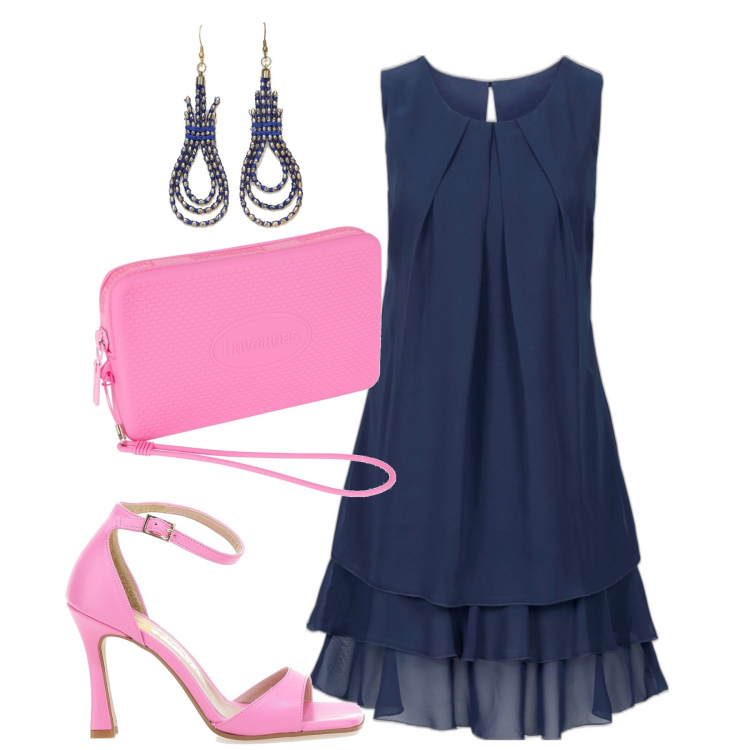 Outfit donna - Abito blu accessori rosa. Stile Casual chic per Tutti i giorni. Abbinamento con vestiti, orecchini, pochette, sandali col tacco.