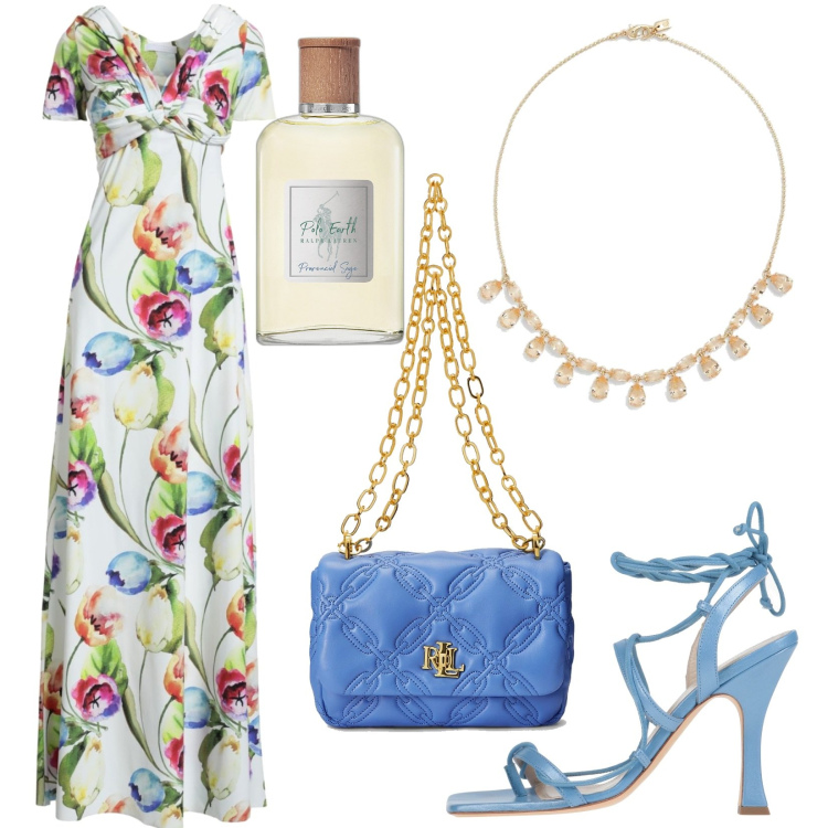 Outfit donna - Una cerimonia inaspettata. Stile Chic per Cerimonia. Abbinamento con infradito, vestiti lunghi, borse a spalla, collane, polo.