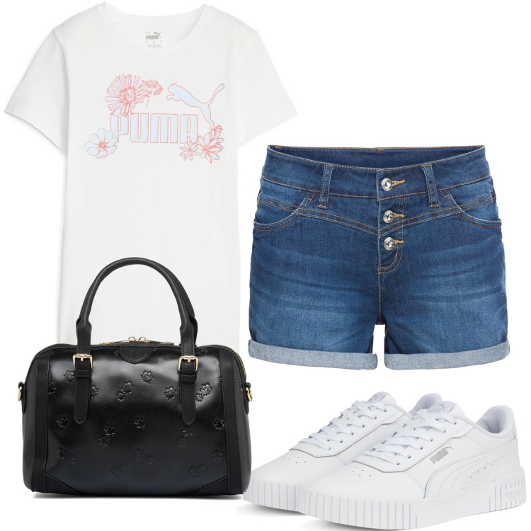 Outfit donna - Intramontabile la mia t-shirt bianca!. Stile Casual per Tutti i giorni. Abbinamento con shorts, borse a mano, sneakers, t-shirt.