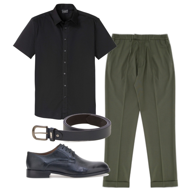 Outfit uomo - Cena informale. Stile Trendy per Serata speciale. Abbinamento con camicie a manica corta, pantaloni, cinture, scarpe stringate.