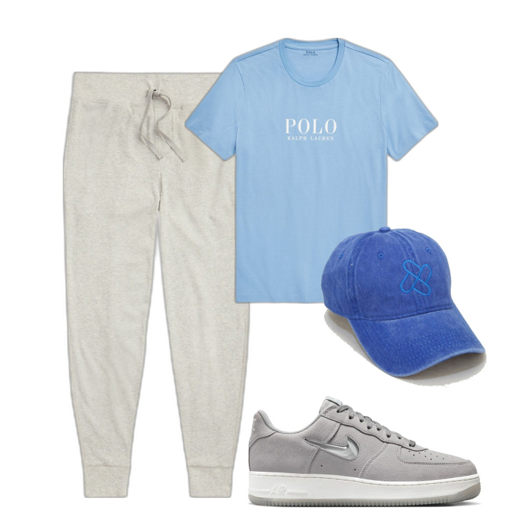 Outfit uomo - Sporty. Stile Casual per Tutti i giorni. Abbinamento con cappelli con visiera, t-shirt, pantaloni, sneakers.