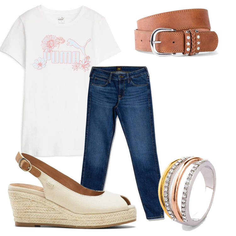 Outfit donna - Vieste. Stile Casual per Tutti i giorni. Abbinamento con cinture, sandali, anelli, jeans skinny, t-shirt.