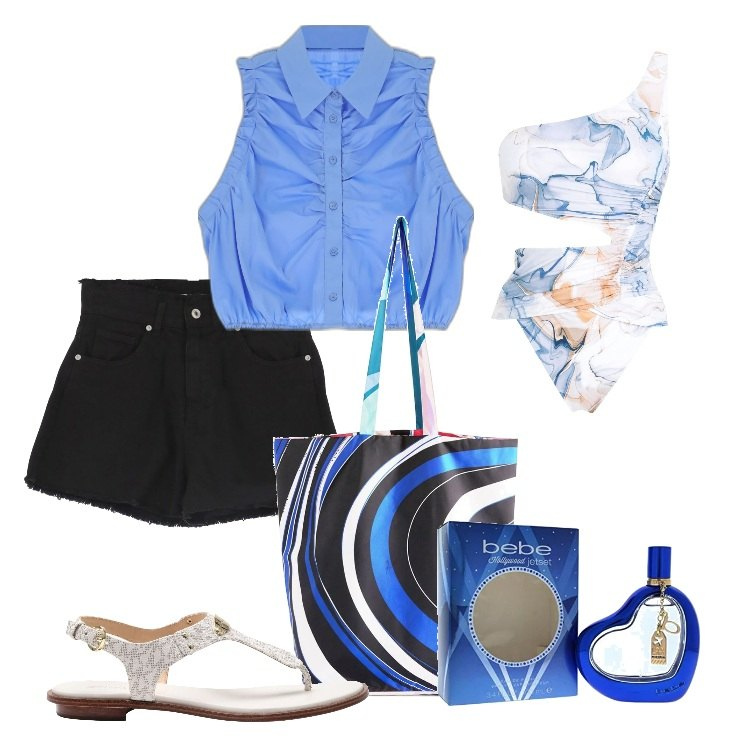 Outfit donna - Agosto Orientale day-to-day. Stile Sporty chic per Mare. Abbinamento con infradito, costumi interi, camicie, shorts, shopping bag, profumi.