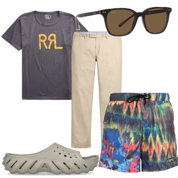 Outfit uomo - Total look #1690004. Stile Trendy per Mare. Abbinamento con costumi, t-shirt, occhiali da sole, pantaloni chino, sandali.