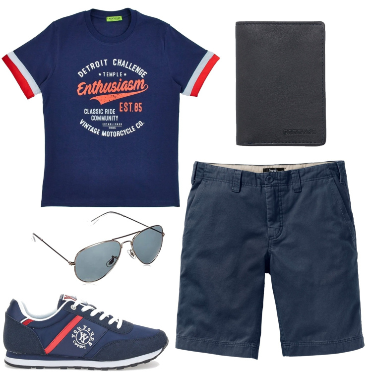 Outfit uomo - Blu trendy. Stile Casual per Tutti i giorni. Abbinamento con bermuda, portafogli, occhiali da sole, t-shirt, sneakers.
