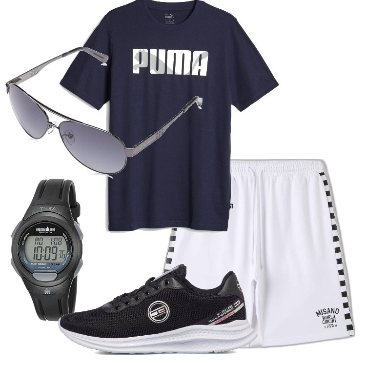 Outfit uomo - Una corsa di primo mattino. Stile Casual per Sport. Abbinamento con bermuda, scarpe sportive, t-shirt, occhiali da sole, orologi digitali.