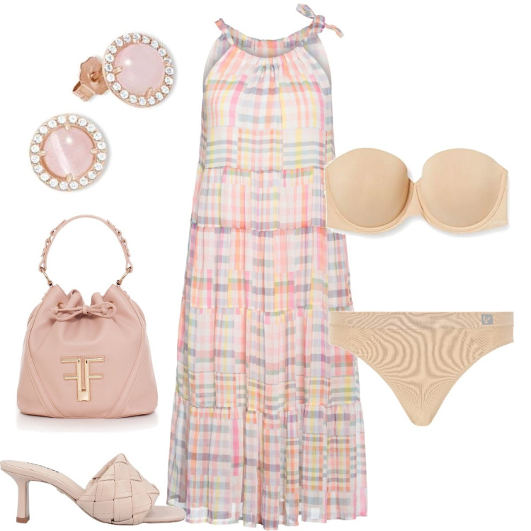 Outfit donna - Pastello. Stile Romantica per Tutti i giorni. Abbinamento con vestiti midi/longuette, sandali in pelle, borse a secchiello, perizomi, orecchini, reggiseni push-up.