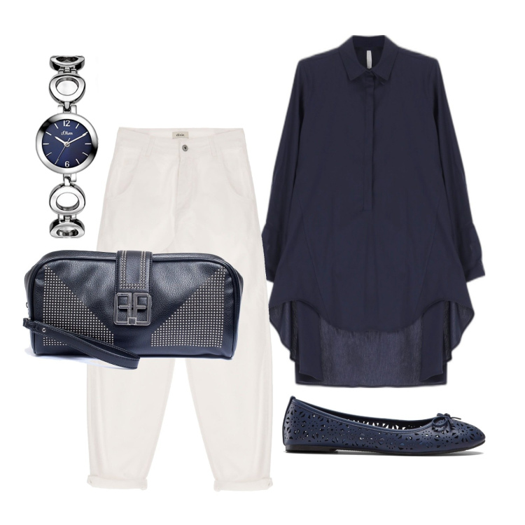 Outfit donna - Ghost outfitter - agosto. Stile Casual chic per Ufficio. Abbinamento con ballerine, pochette, camicie, pantaloni capri, orologi.