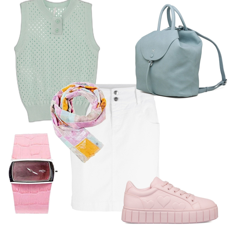 Outfit donna - Look sportivo per tutti i giorni. Stile Sporty chic per Tutti i giorni. Abbinamento con minigonne, maglieria, sneakers, zaini, orologi analogici, sciarpe.
