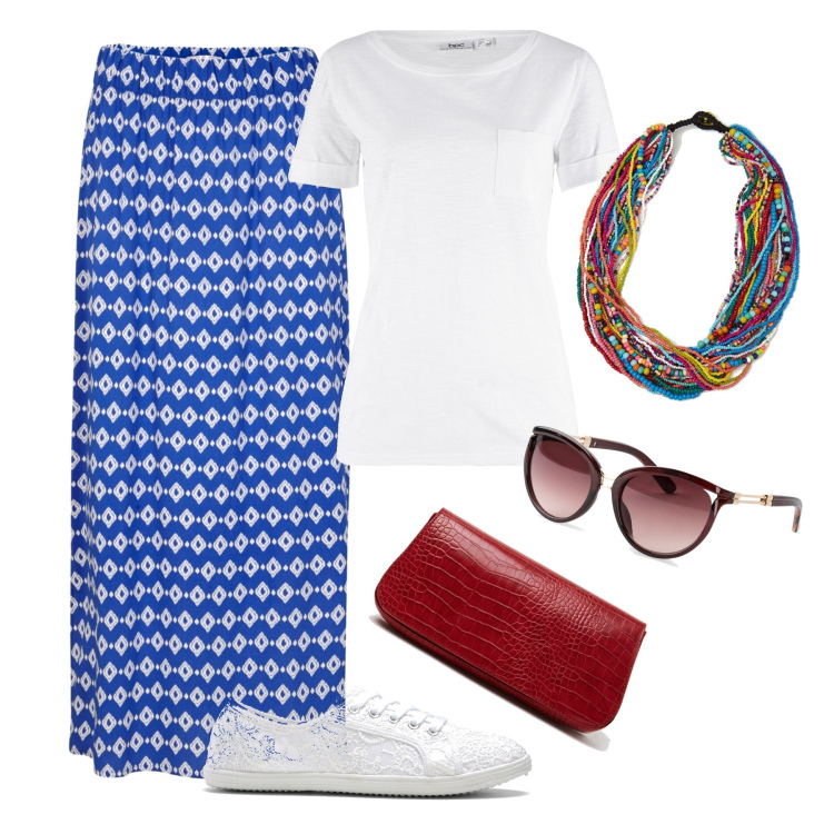 Outfit donna - White t-shirt and accessories. Stile Casual per Tutti i giorni. Abbinamento con sneakers, t-shirt, occhiali da sole, gonne lunghe, collane, borse a spalla.