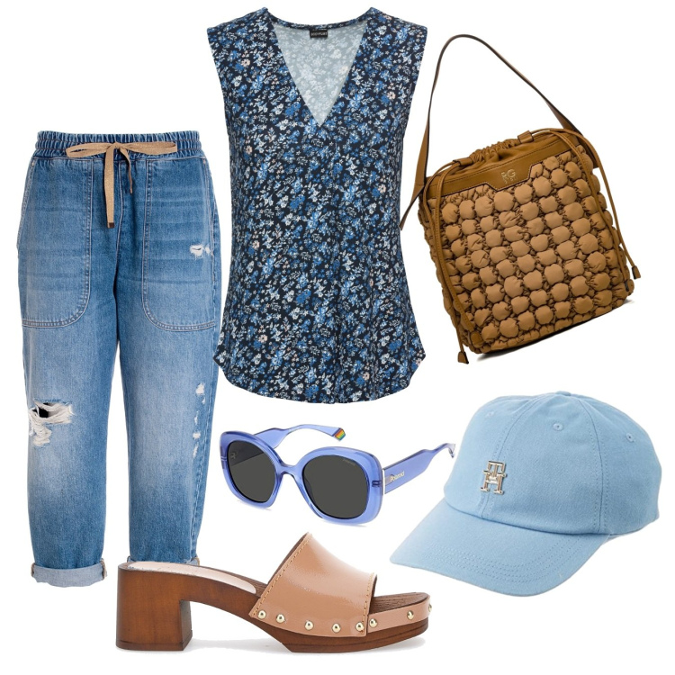 Outfit donna - Gita al lago. Stile Basic per Tutti i giorni. Abbinamento con top, pantaloni, borse a secchiello, zoccoli, occhiali da sole, cappelli con visiera.
