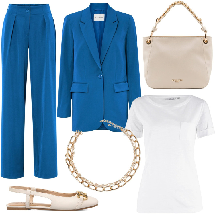 Outfit donna - L\'ufficio in estate. Stile Bon Ton per Ufficio. Abbinamento con t-shirt, pantaloni, blazer, collane, ballerine, borse a spalla.