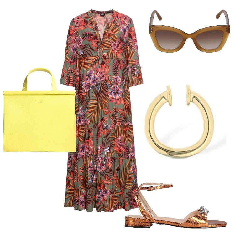 Outfit donna - Go back to the office. Stile Casual per Ufficio. Abbinamento con vestiti lunghi, sandali in pelle, borse a mano, orecchini, occhiali da sole.