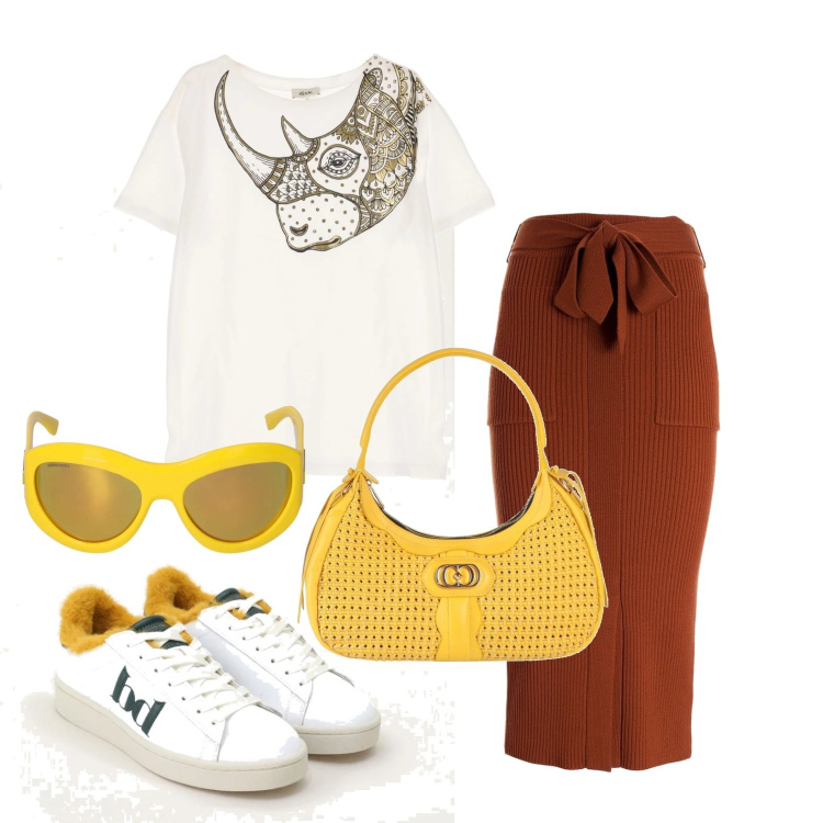 Outfit donna - Ghost outfitter - agosto. Stile Trendy per Tutti i giorni. Abbinamento con borse a mano, gonne longuette, sneakers, t-shirt, occhiali da sole.