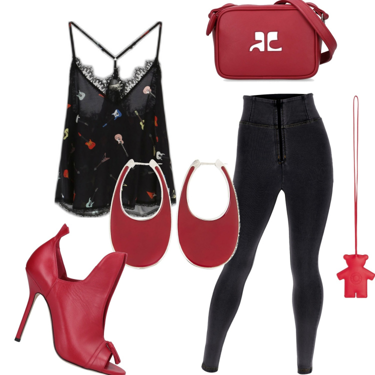 Outfit donna - Stilosa di sera. Stile Trendy per Serata fuori. Abbinamento con stivaletti, jeggings, canottiere, orecchini, anelli, borse a spalla.
